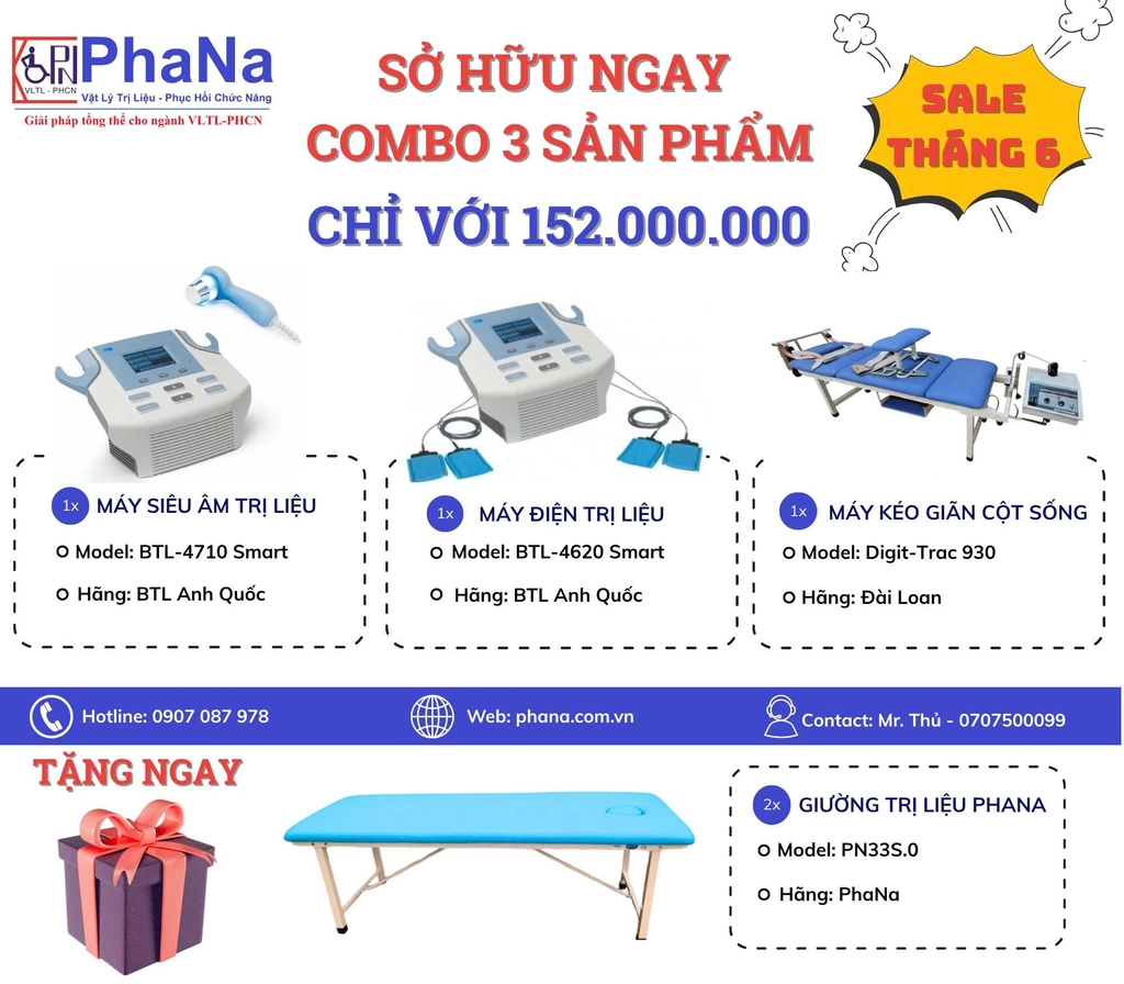Máy siêu âm + Điện Xung + Kéo giãn + giường bệnh